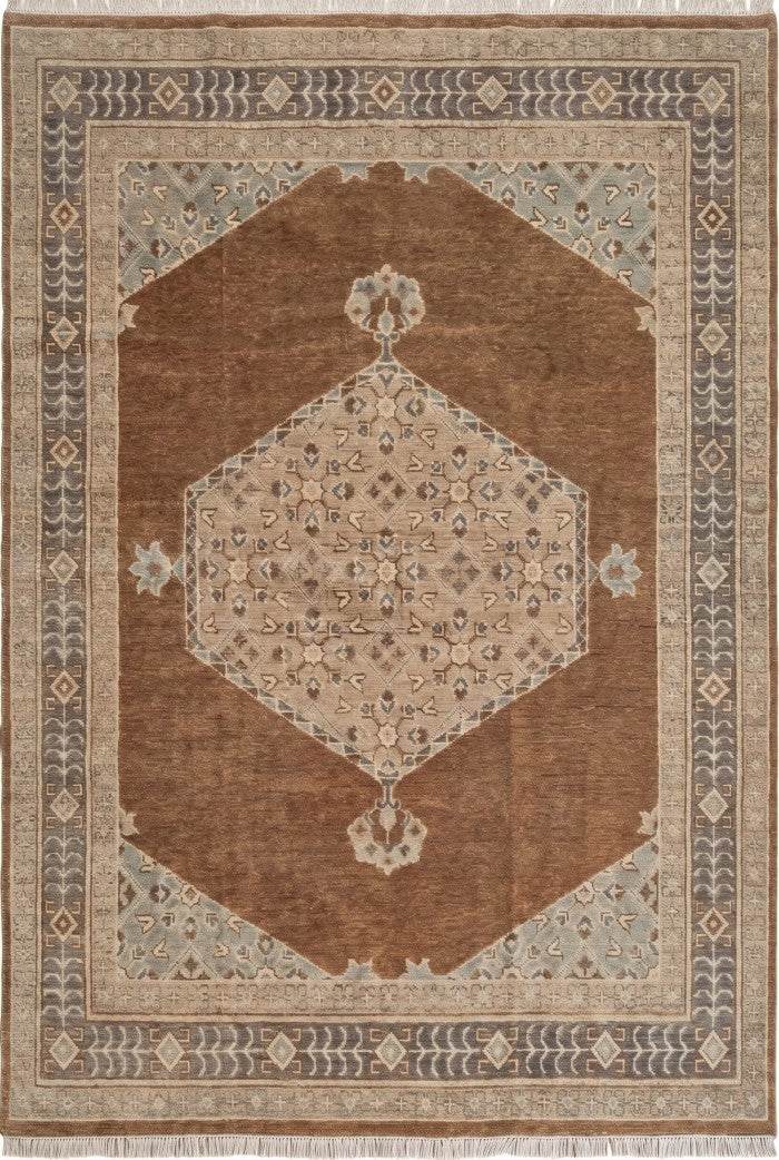 Transitional Muted Brown and Sage Center Medallion Rug