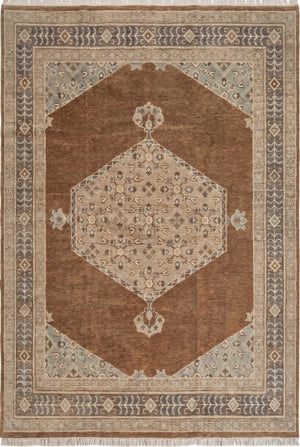 Transitional Muted Brown and Sage Center Medallion Rug