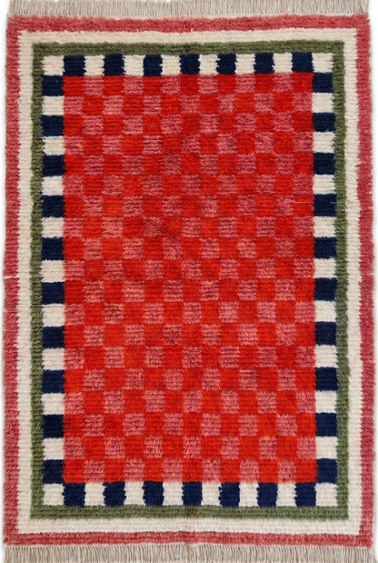 Moroccan Berber Style Wool Rug, Hand Woven Red Checkered Area Rug