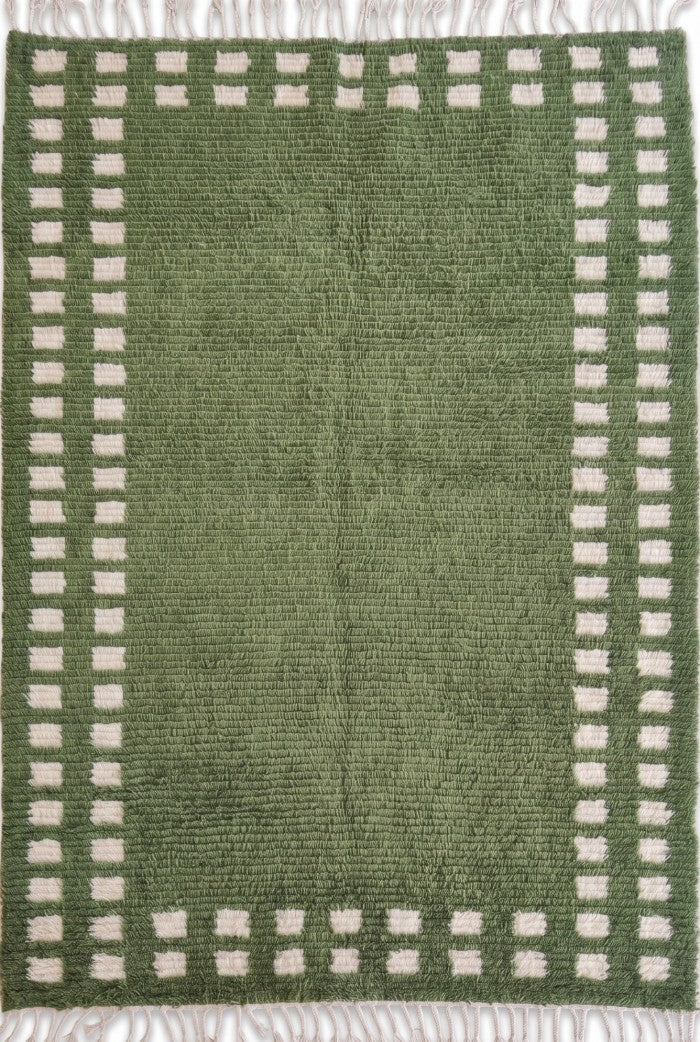 Moss Green Checker Border Modern Shaggy Area Carpet for Living Room