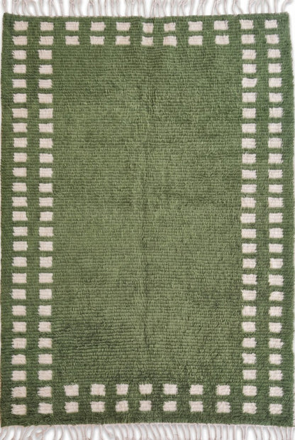 Moss Green Checker Border Modern Shaggy Area Carpet for Living Room