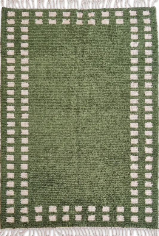 Moss Green Checker Border Modern Shaggy Area Carpet for Living Room