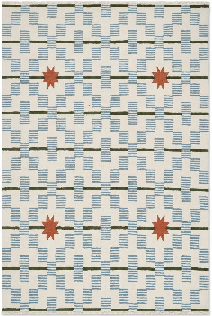 Celestial Star & Stripe Geometric Design Modern Blue and Terracotta Area Carpet