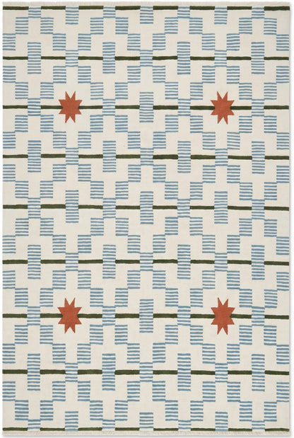 Celestial Star & Stripe Geometric Design Modern Blue and Terracotta Area Carpet