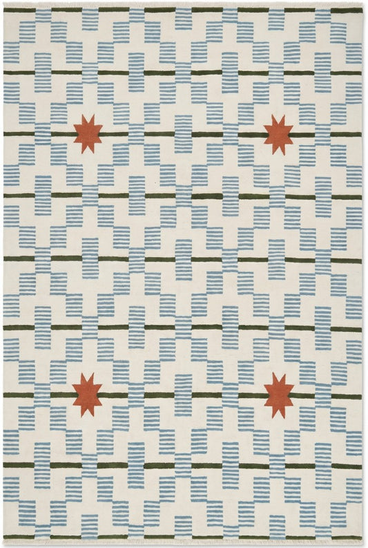 Celestial Star & Stripe Geometric Design Modern Blue and Terracotta Area Carpet