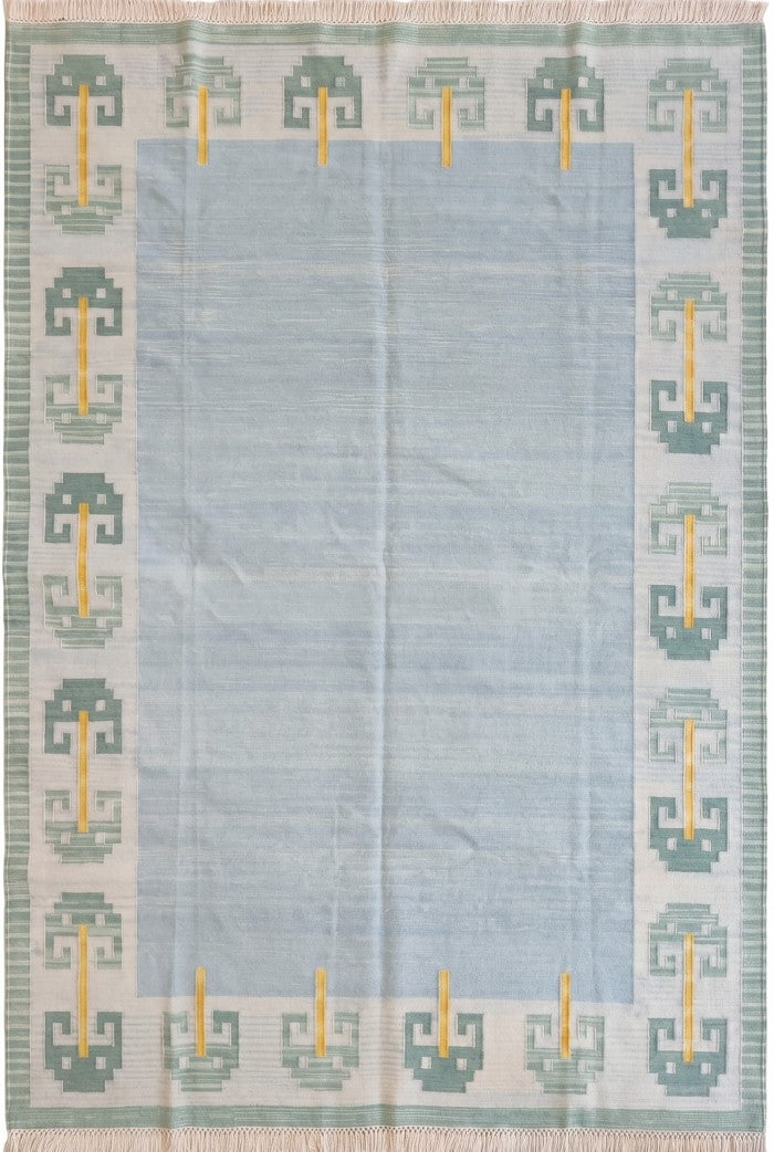 Pastel Blue Cotton Flatweave Rug Retro Modern Area Rug for Bedroom