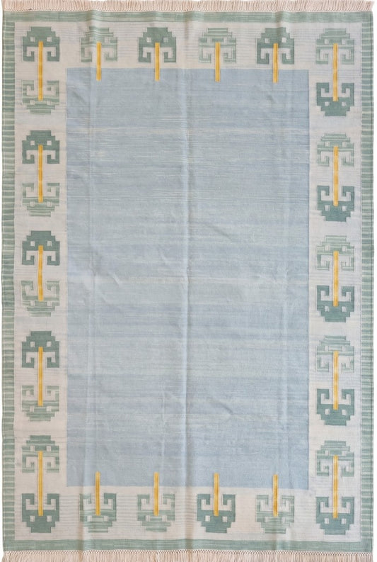 Pastel Blue Cotton Flatweave Rug Retro Modern Area Rug for Bedroom