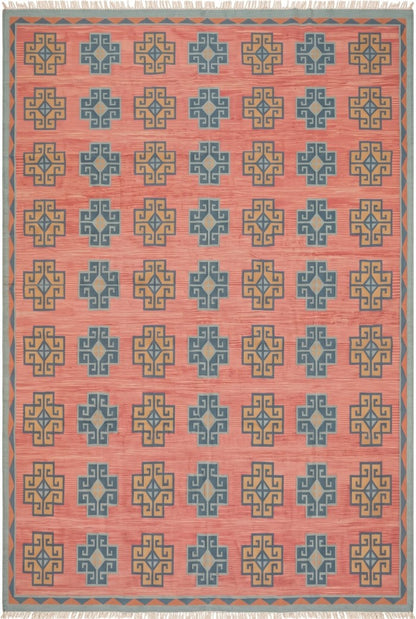 Pink Geometric Cotton Traditional Design Area Rug