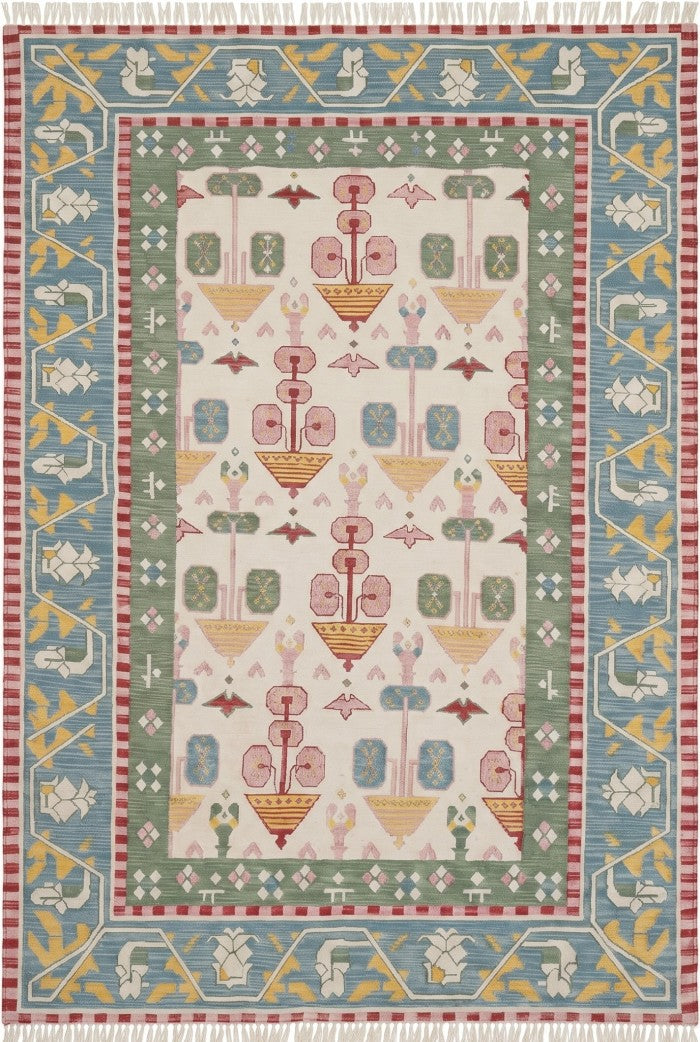Pastel Geometric Folk Art Handwoven Cotton Flatweave Rug