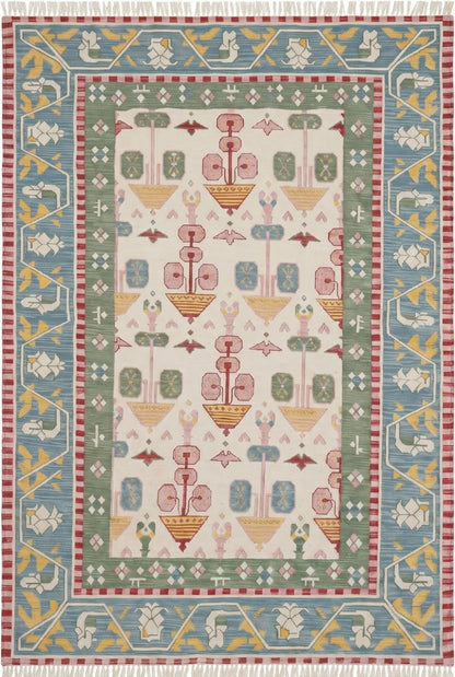 Pastel Geometric Folk Art Handwoven Cotton Flatweave Rug