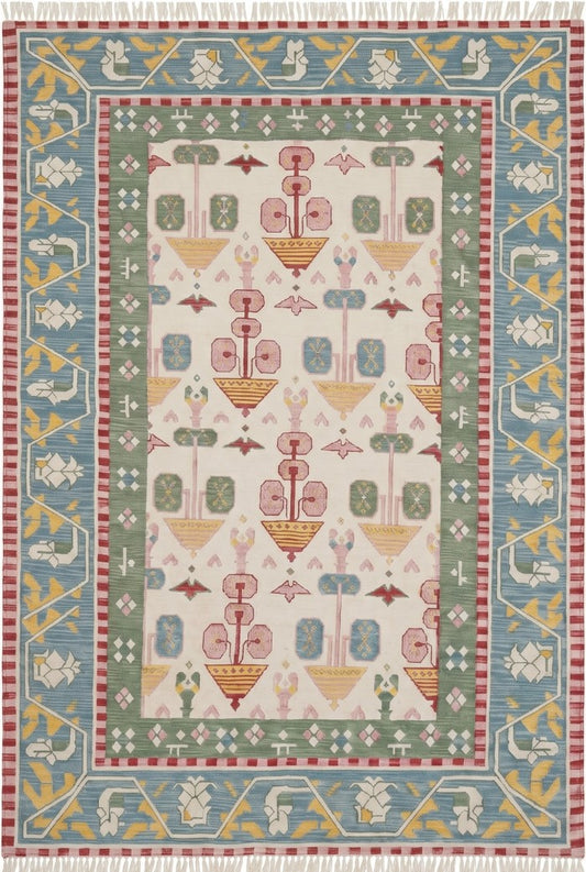 Pastel Geometric Folk Art Handwoven Cotton Flatweave Rug