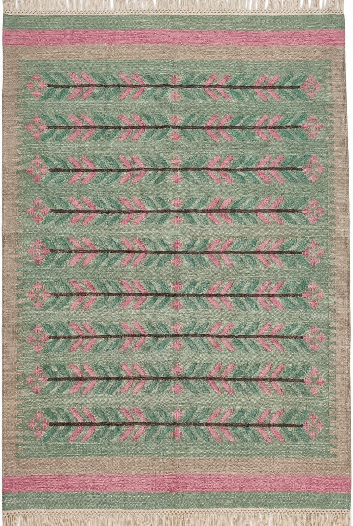 Sage Green Botanical Vine Area Rug, Pink & Tan Horizontal Leaf Motif Dhurrie Carpet