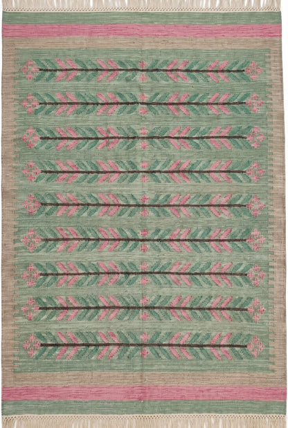 Sage Green Botanical Vine Area Rug, Pink & Tan Horizontal Leaf Motif Dhurrie Carpet