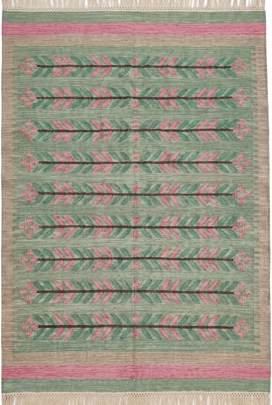 Sage Green Botanical Vine Area Rug, Pink & Tan Horizontal Leaf Motif Dhurrie Carpet