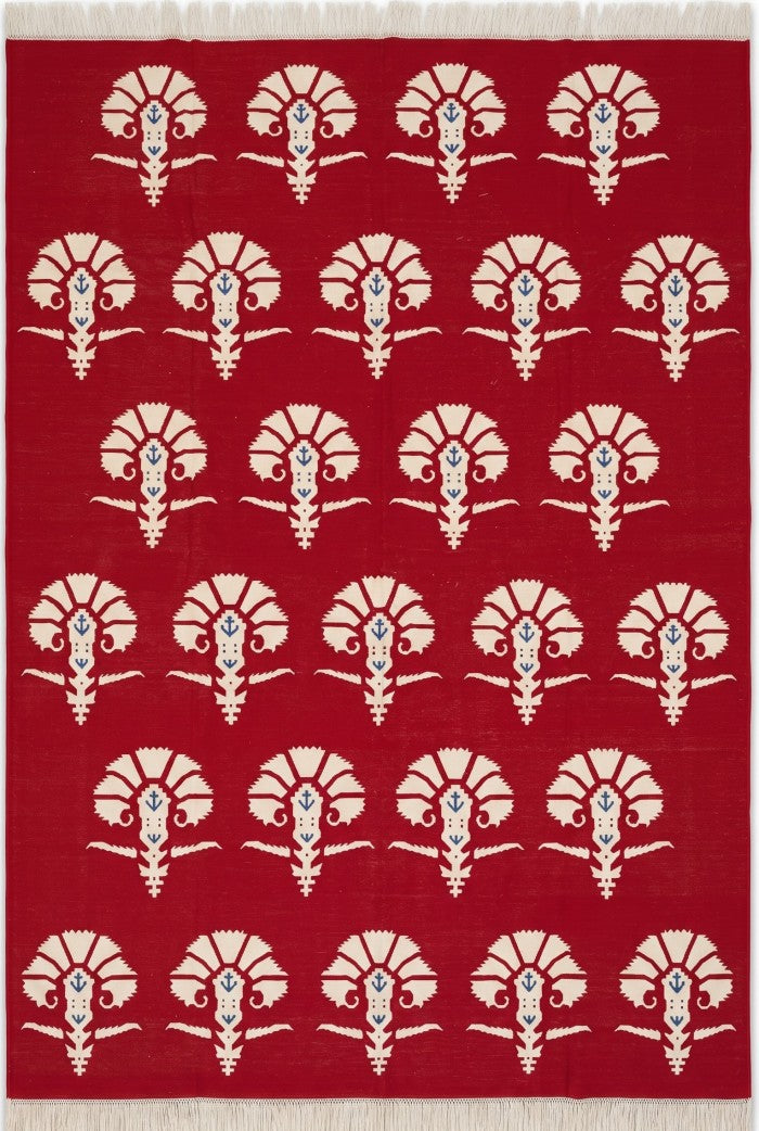 Red Mughal Floral Area Rug Traditional Carnation Motif Dhurrie Carpet