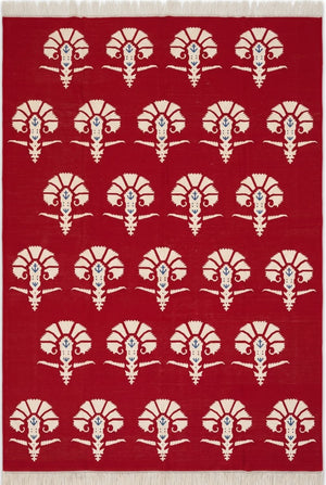 Red Mughal Floral Area Rug Traditional Carnation Motif Dhurrie Carpet