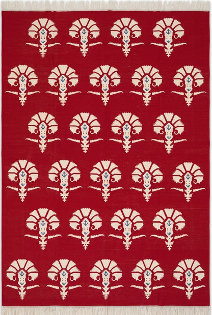 Red Mughal Floral Area Rug Traditional Carnation Motif Dhurrie Carpet