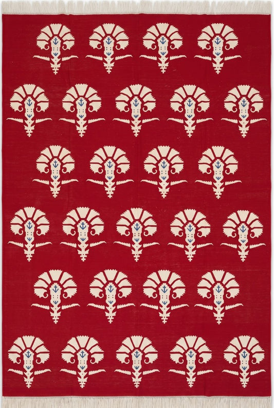 Red Mughal Floral Area Rug Traditional Carnation Motif Dhurrie Carpet