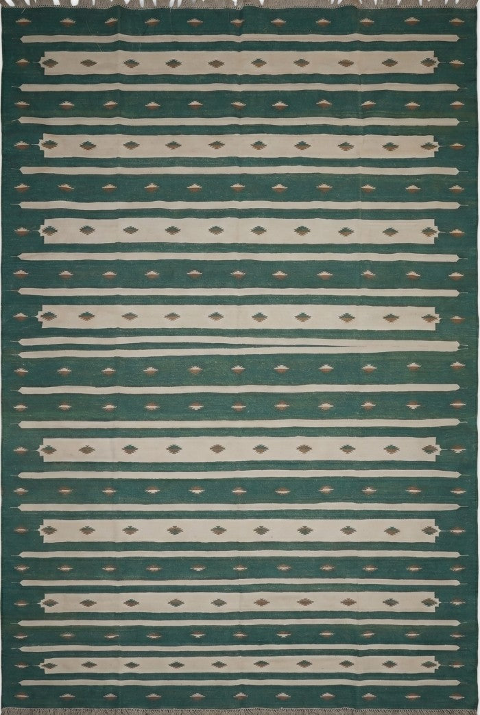 Teal Horizon Handwoven Cotton Flatweave Dhurrie Rug