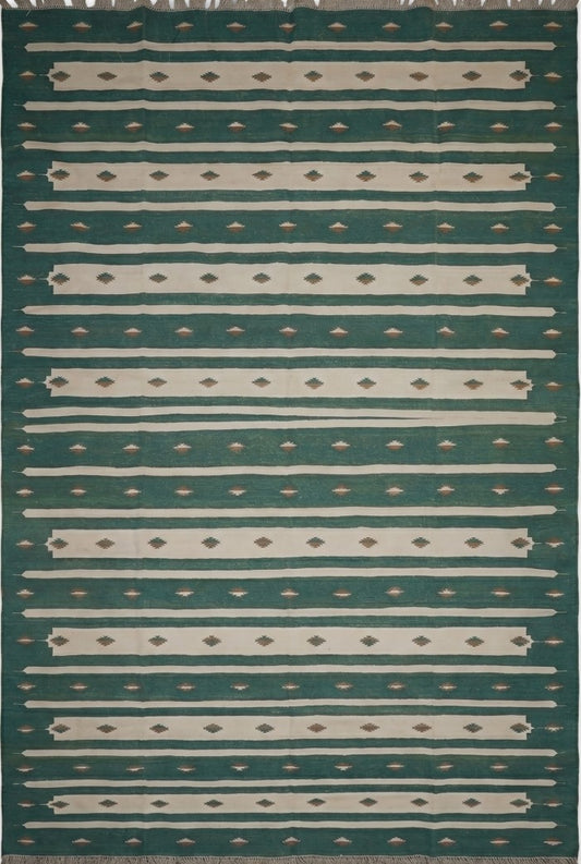 Teal Horizon Handwoven Cotton Flatweave Dhurrie Rug