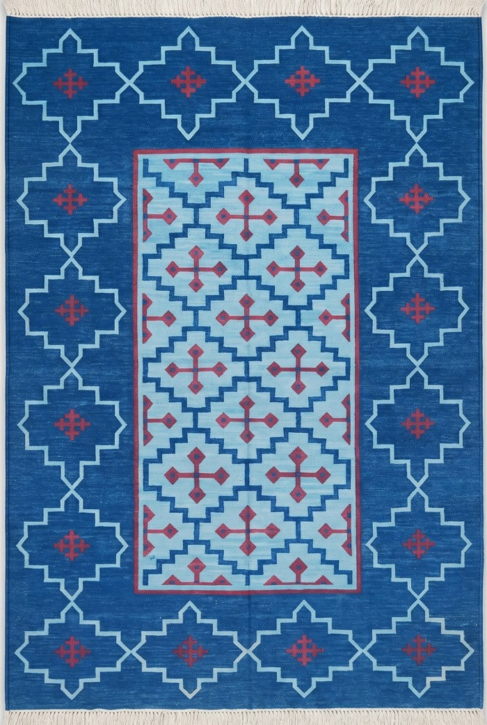 Cobalt Blue Flat Weave Carpet, Southwestern Eye Dazzler Lodge Dhurrie Rug