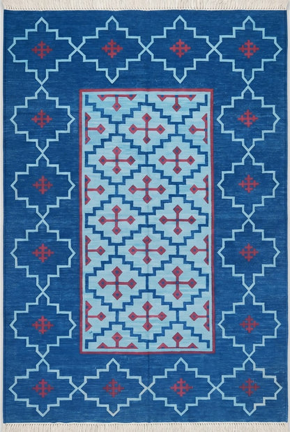 Cobalt Blue Flat Weave Carpet, Southwestern Eye Dazzler Lodge Dhurrie Rug