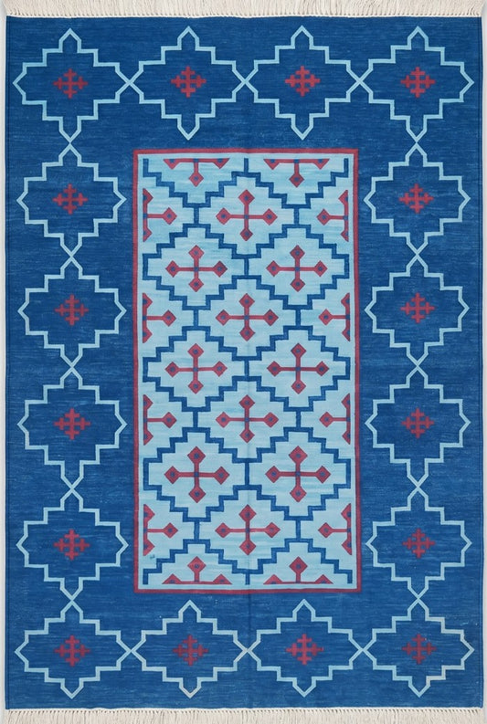 Cobalt Blue Flat Weave Carpet, Southwestern Eye Dazzler Lodge Dhurrie Rug