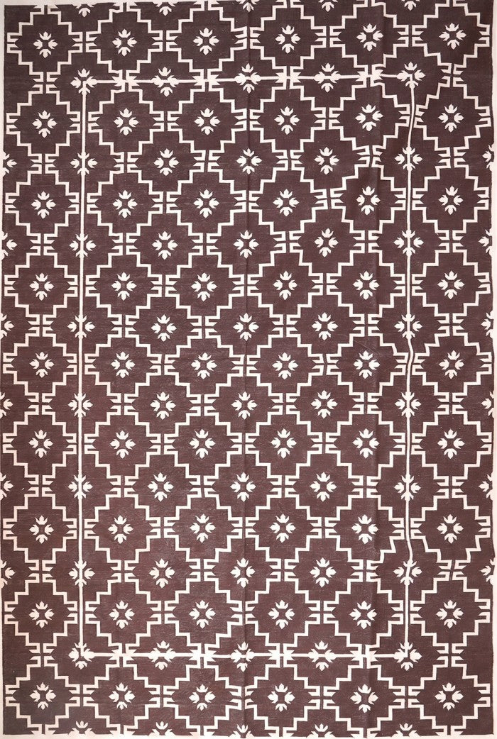 Espresso Dark Brown Geometric Area Rug, Minimalist Floral Diamond Dhurrie Rug