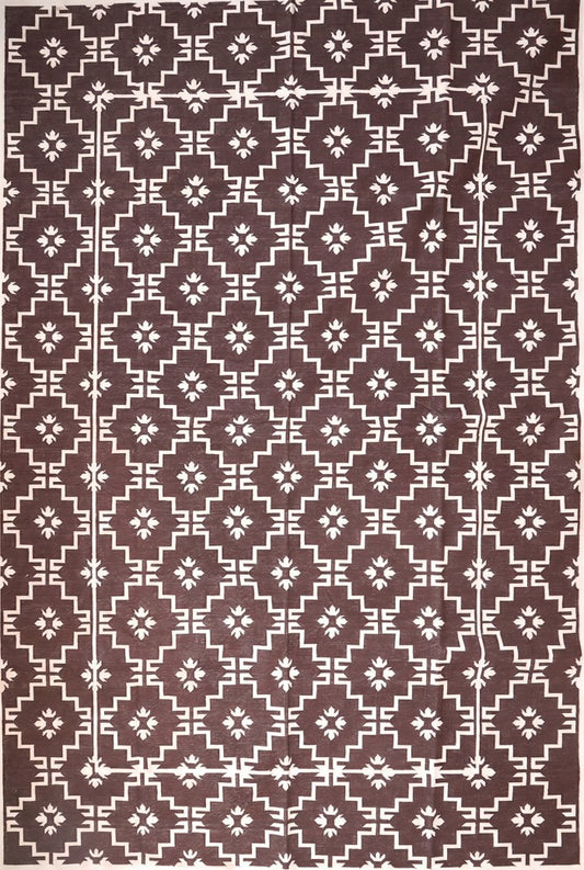 Espresso Dark Brown Geometric Area Rug, Minimalist Floral Diamond Dhurrie Rug