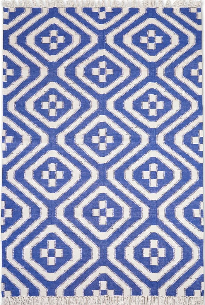 Royal Blue & White Geometric Area Rug, Southwestern Diamond Cross Kilim Dhurrie