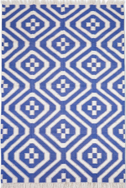 Royal Blue & White Geometric Area Rug, Southwestern Diamond Cross Kilim Dhurrie
