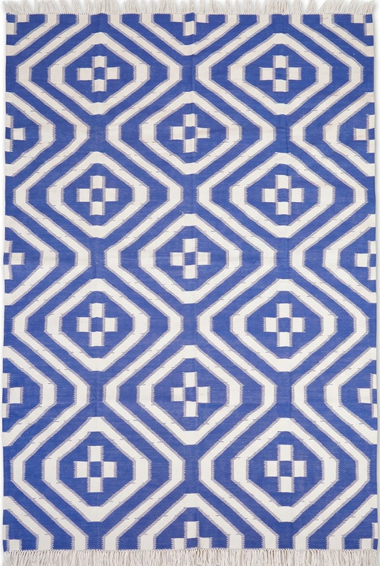 Royal Blue & White Geometric Area Rug, Southwestern Diamond Cross Kilim Dhurrie