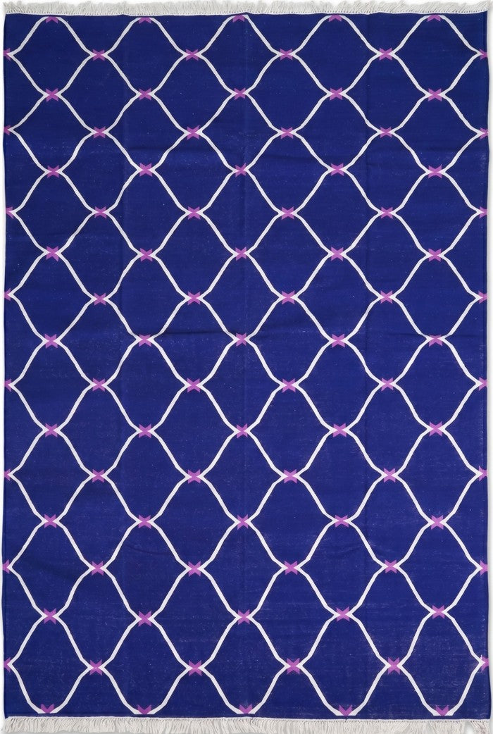 Cobalt Trellis Handwoven Cotton Flatweave Dhurrie Rug