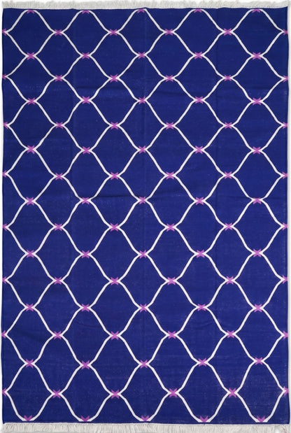 Cobalt Trellis Handwoven Cotton Flatweave Dhurrie Rug