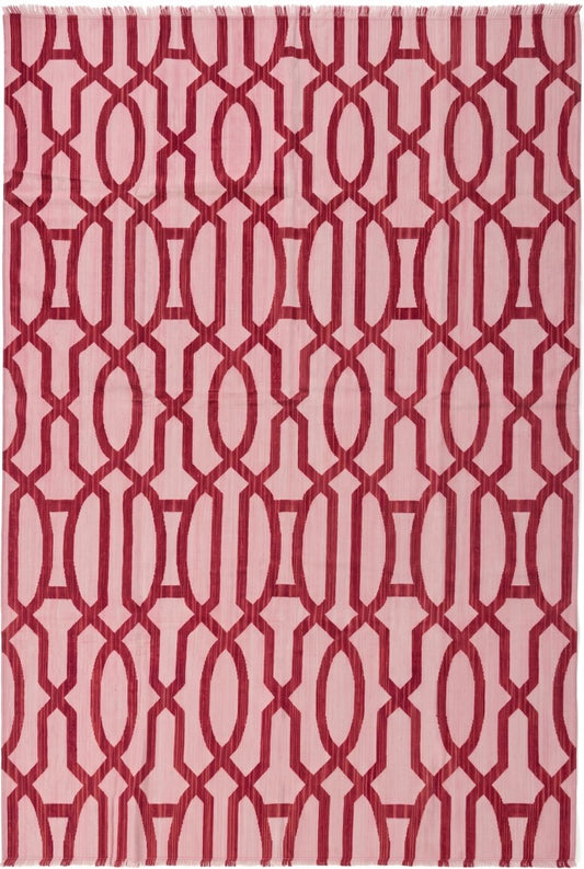 Blush Pink & Maroon Red Cotton Flatweave Rug