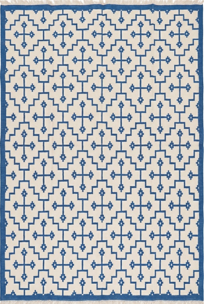 Royal Blue & Ivory Geometric Area Rug, Southwestern Diamond Cross  Dhurrie