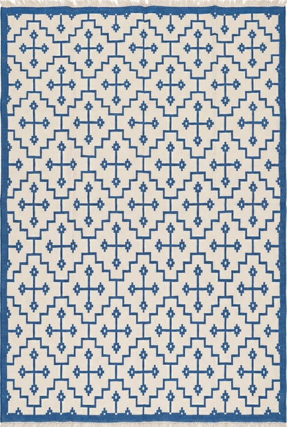 Royal Blue & Ivory Geometric Area Rug, Southwestern Diamond Cross  Dhurrie