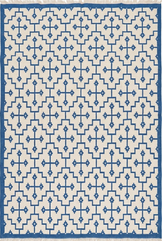 Royal Blue & Ivory Geometric Area Rug, Southwestern Diamond Cross  Dhurrie