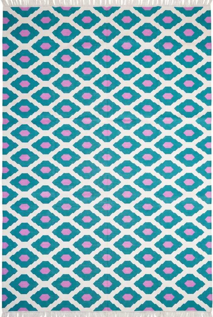 Teal Orchid Handwoven Cotton Flatweave Dhurrie Rug