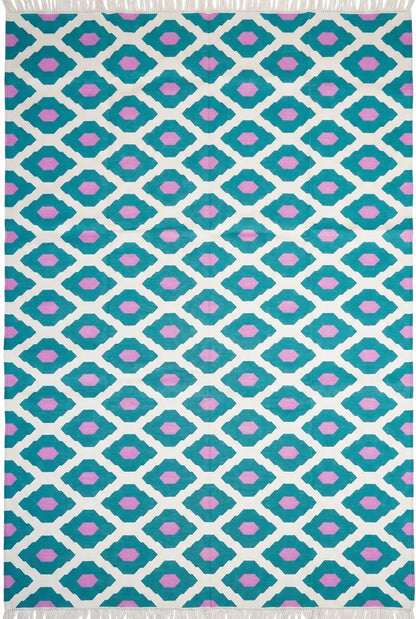 Teal Orchid Handwoven Cotton Flatweave Dhurrie Rug