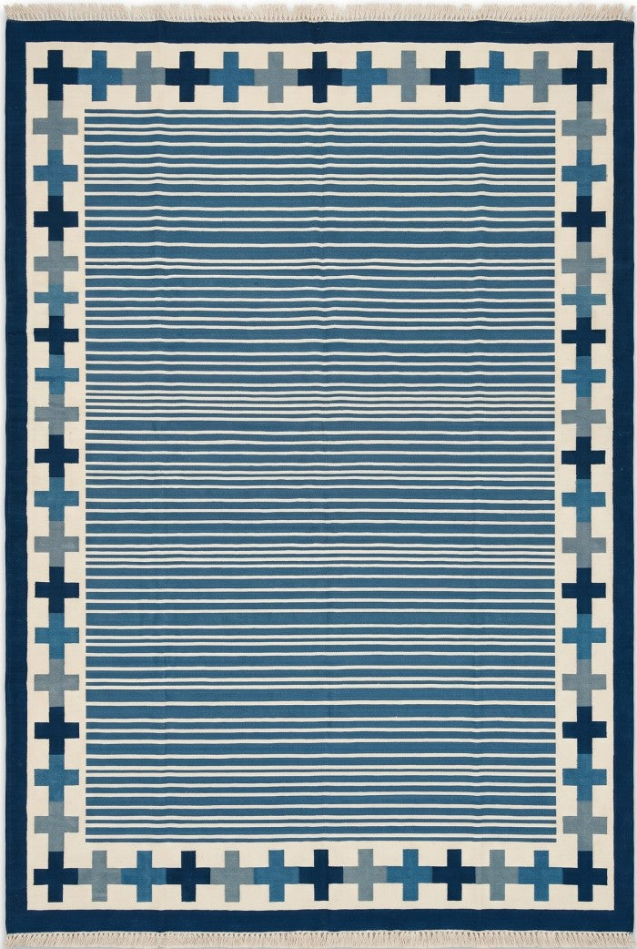 Handwoven Blue Stripe Cotton Rug Geometric Border Dhurrie Rug