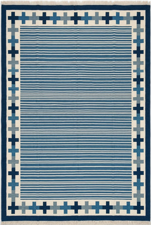 Handwoven Blue Stripe Cotton Rug Geometric Border Dhurrie Rug