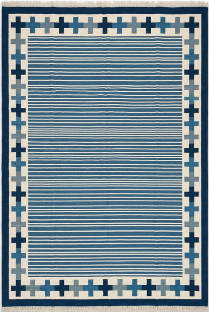 Handwoven Blue Stripe Cotton Rug Geometric Border Dhurrie Rug