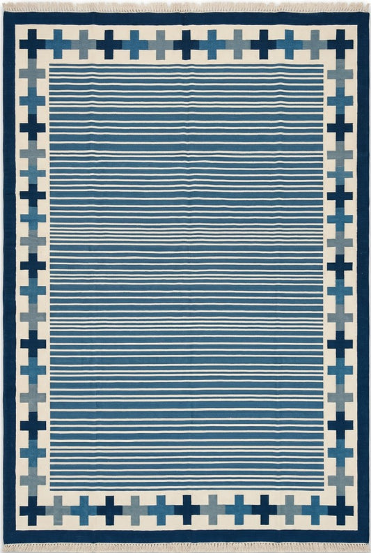 Handwoven Blue Stripe Cotton Rug Geometric Border Dhurrie Rug