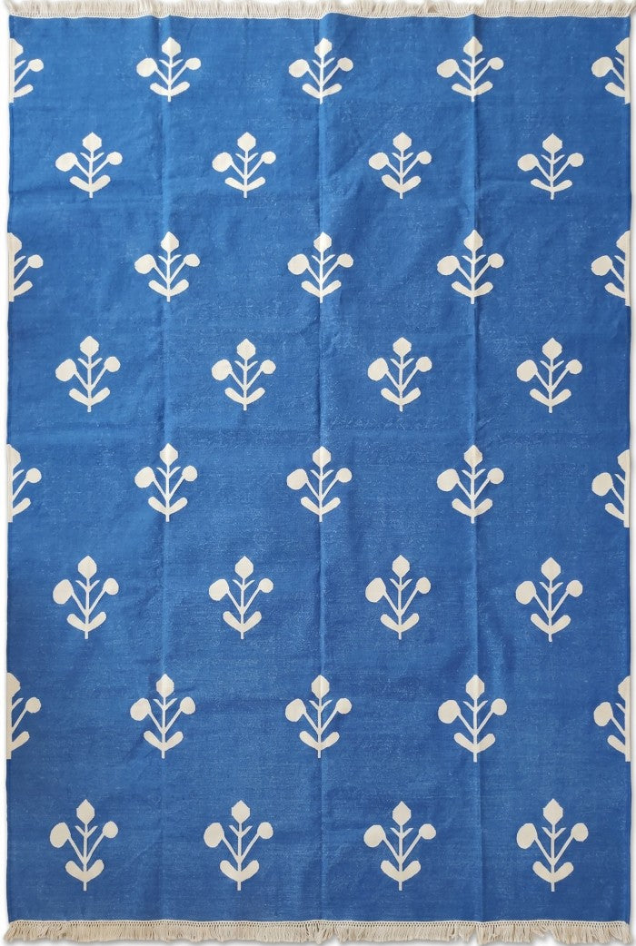 Azure Blossom Handmade Coastal Rug, Custom Size Dhurrie