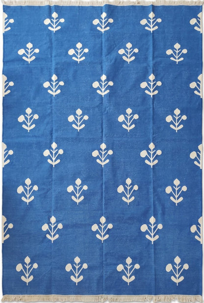 Azure Blossom Handmade Coastal Rug, Custom Size Dhurrie