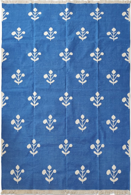 Azure Blossom Handmade Coastal Rug, Custom Size Dhurrie