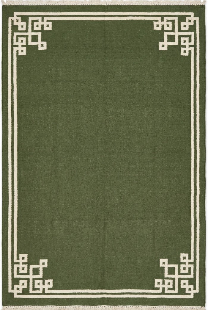 Moss Fretwork Handwoven Cotton Flatweave Dhurrie Rug
