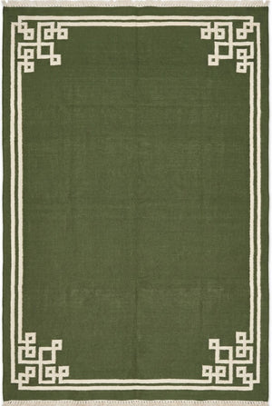 Moss Fretwork Handwoven Cotton Flatweave Dhurrie Rug