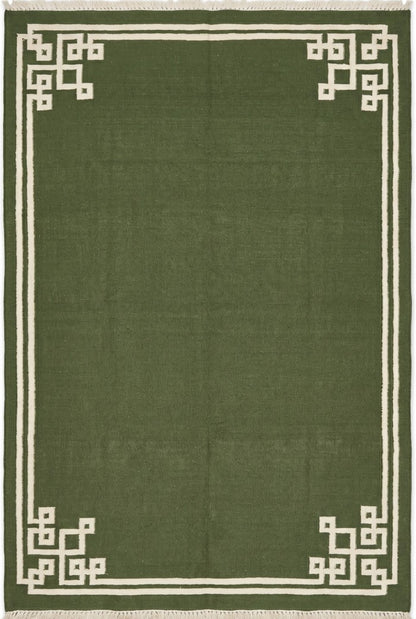 Moss Fretwork Handwoven Cotton Flatweave Dhurrie Rug